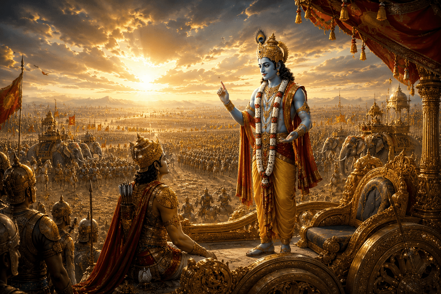 Krishna, as the charioteer Madhav, delivers the Bhagavad Gita to the warrior Arjuna on the battlefield of Kurukshetra at dawn